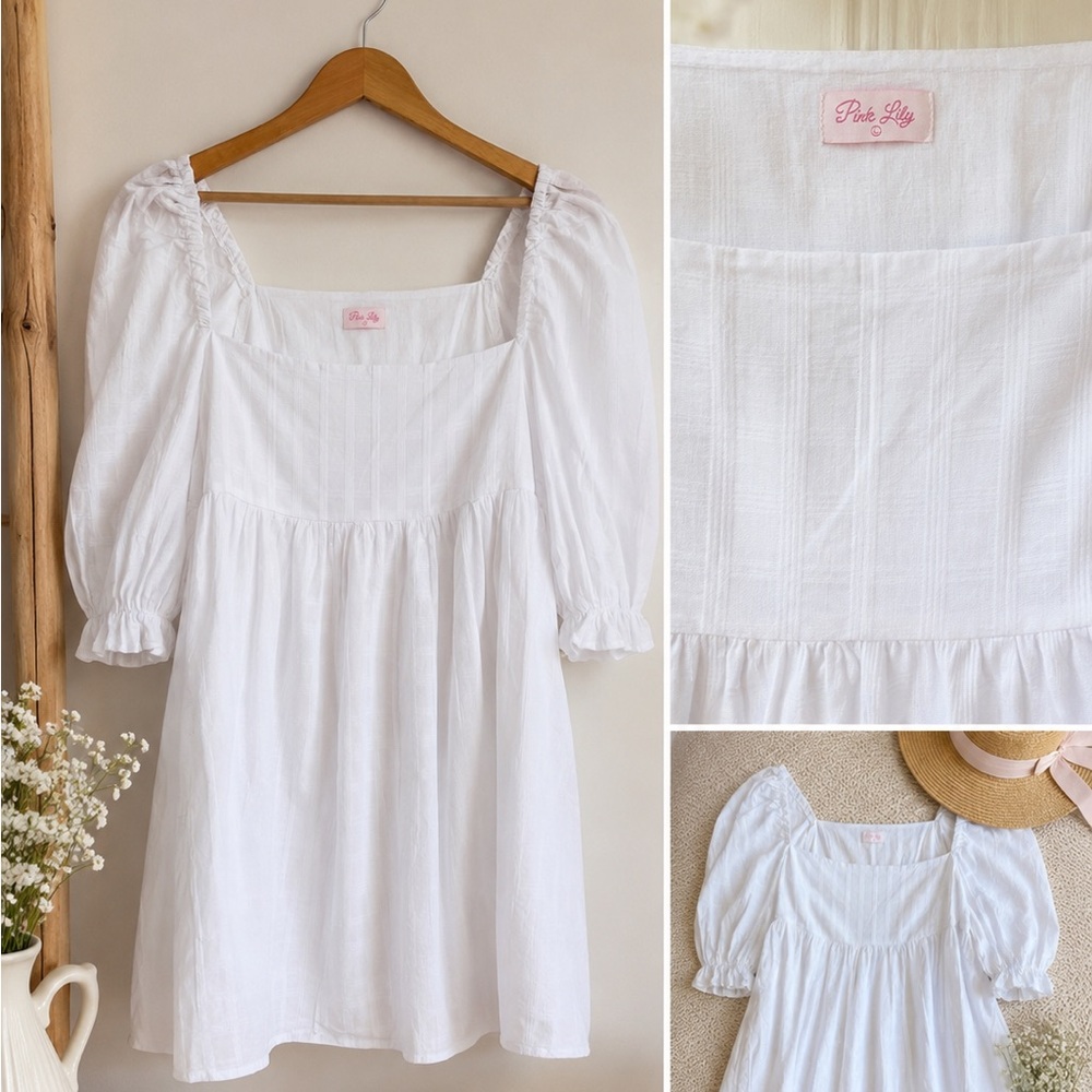 Pink Lily White Puff Sleeve Square Neck Dress